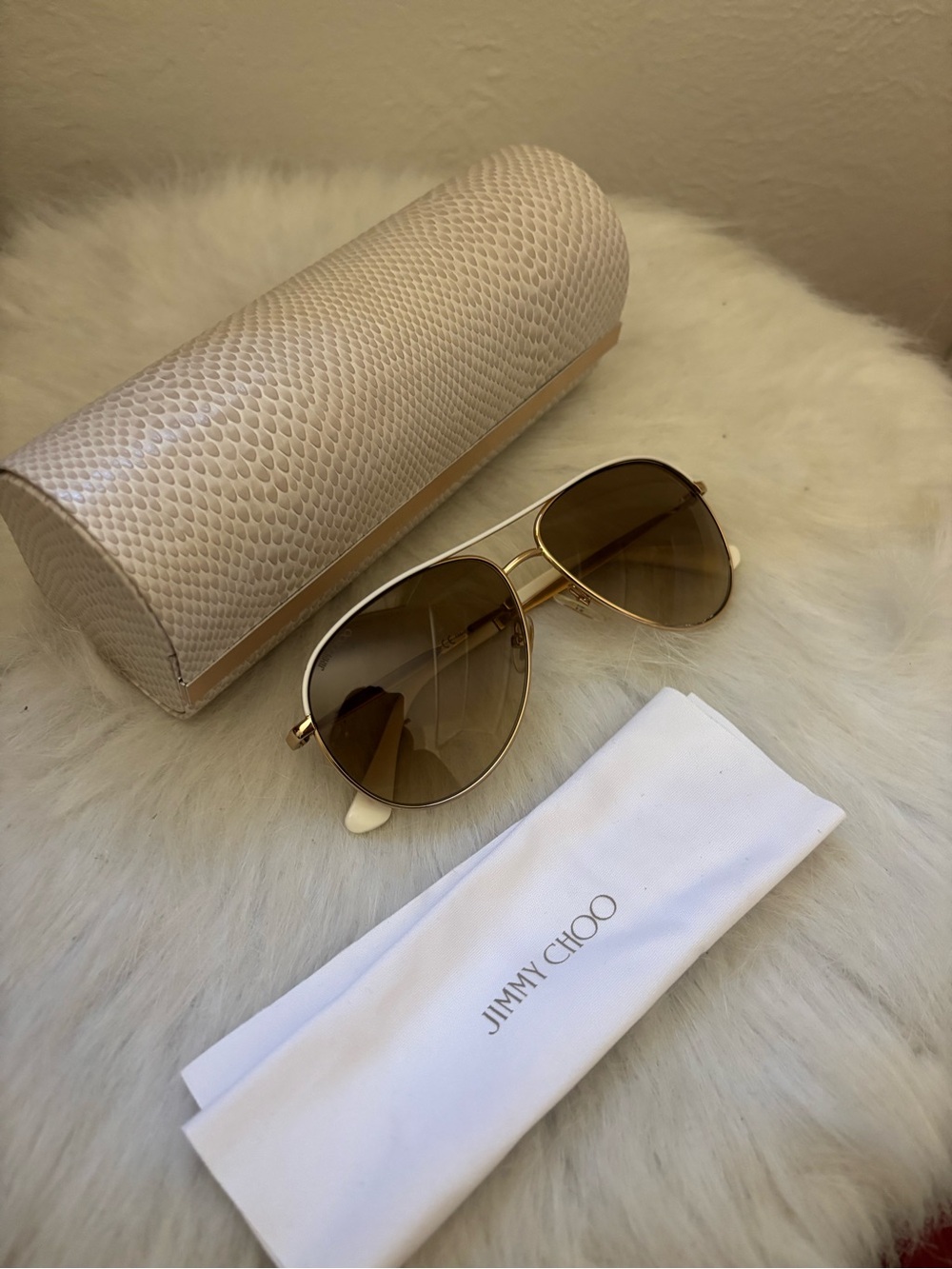 Jimmy Choo Gold Metal Aviator Sunglasses with Brown Gradient Lenses